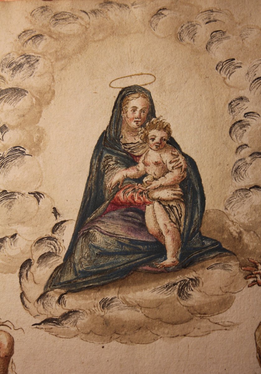 Visione celeste con Madonna col Bambino, San Onofrio, Maddalena e devoti. Tempera su carta-photo-3