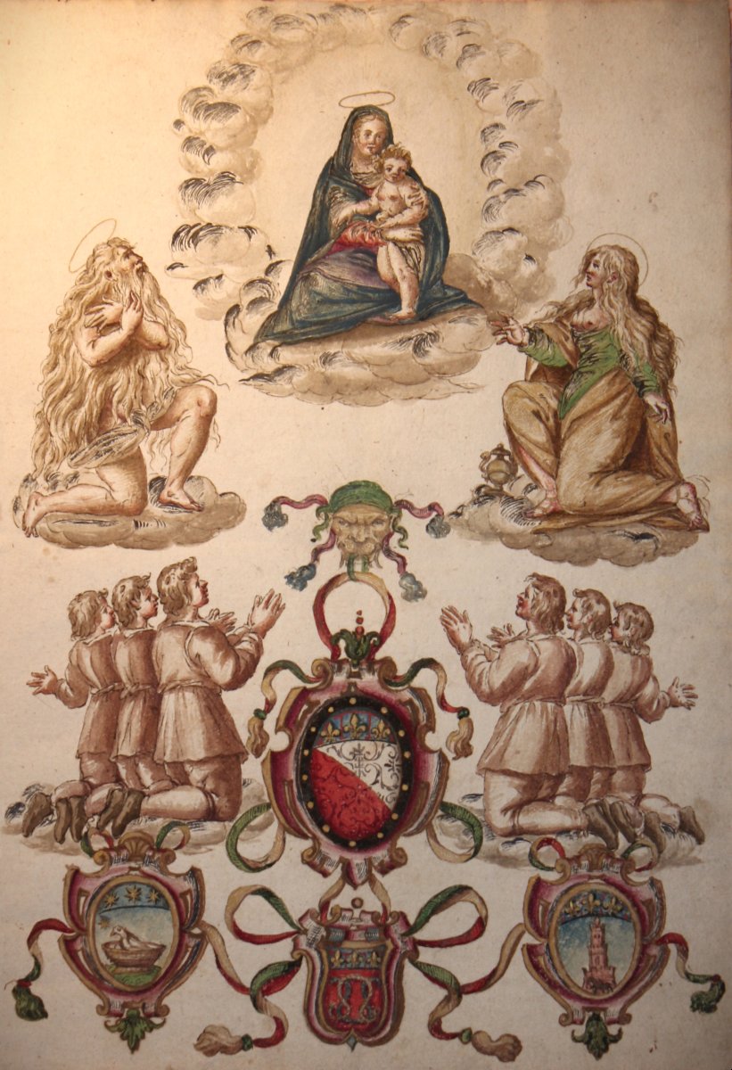 Visione celeste con Madonna col Bambino, San Onofrio, Maddalena e devoti. Tempera su carta-photo-3