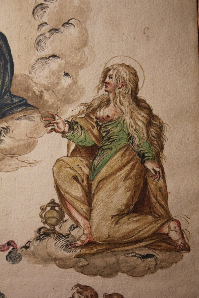 Visione celeste con Madonna col Bambino, San Onofrio, Maddalena e devoti. Tempera su carta-photo-5