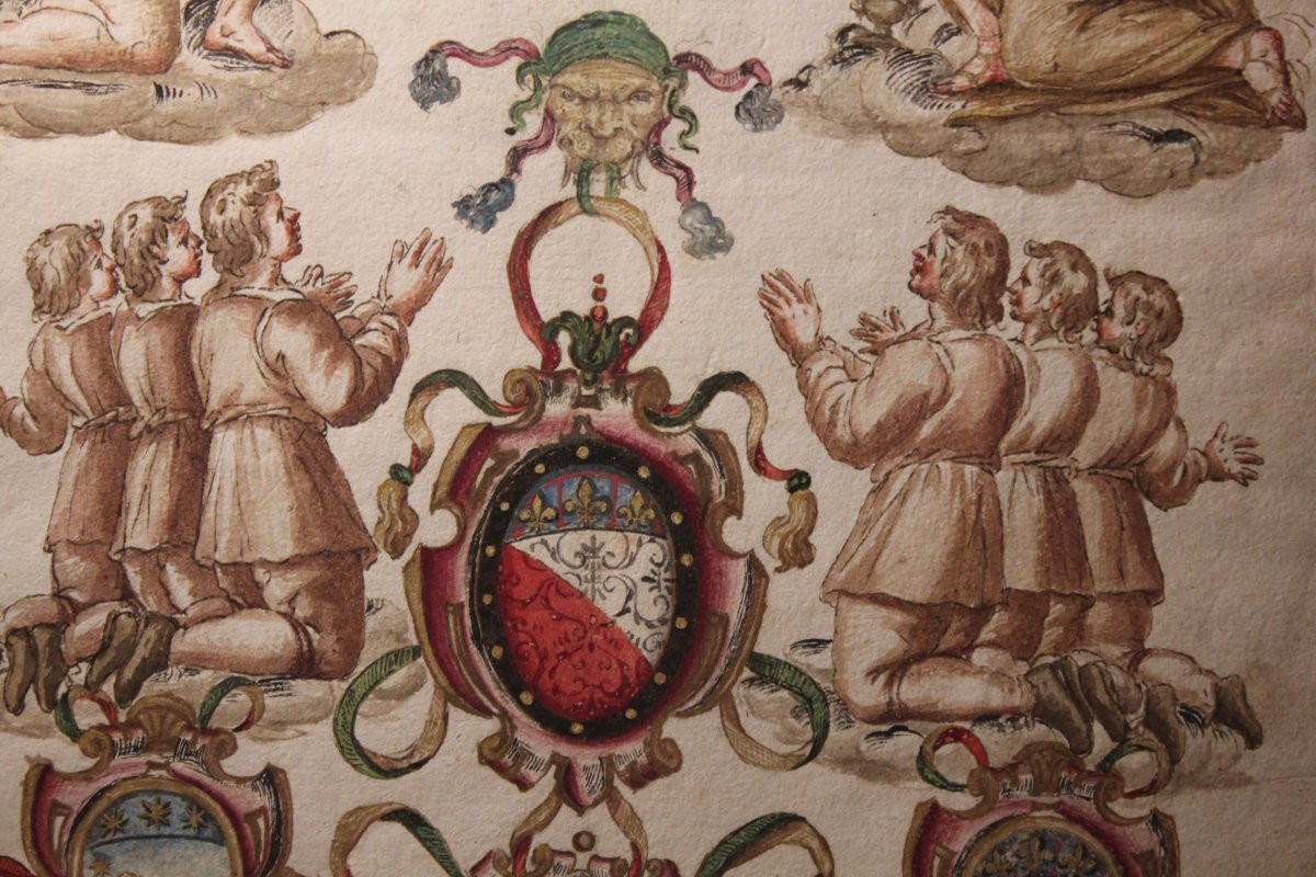 Visione celeste con Madonna col Bambino, San Onofrio, Maddalena e devoti. Tempera su carta-photo-6