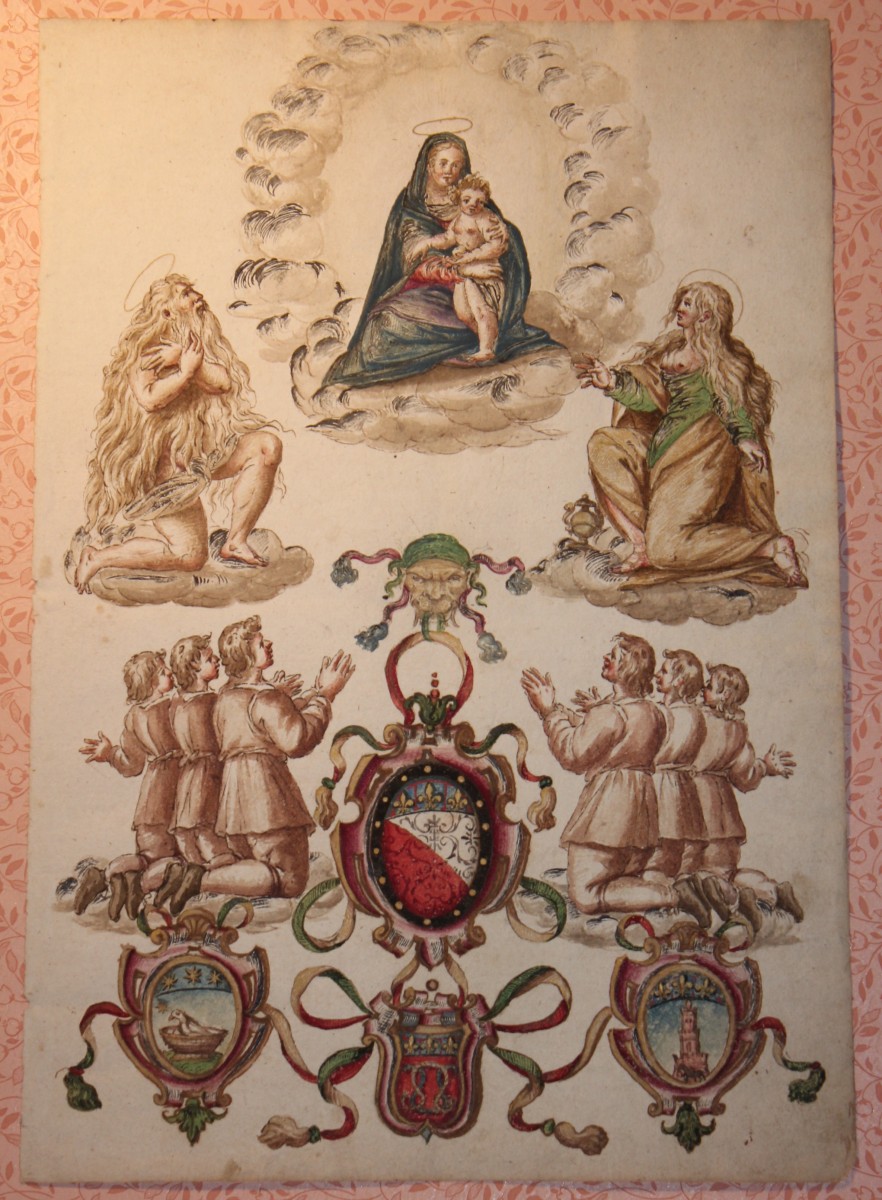 Visione celeste con Madonna col Bambino, San Onofrio, Maddalena e devoti. Tempera su carta