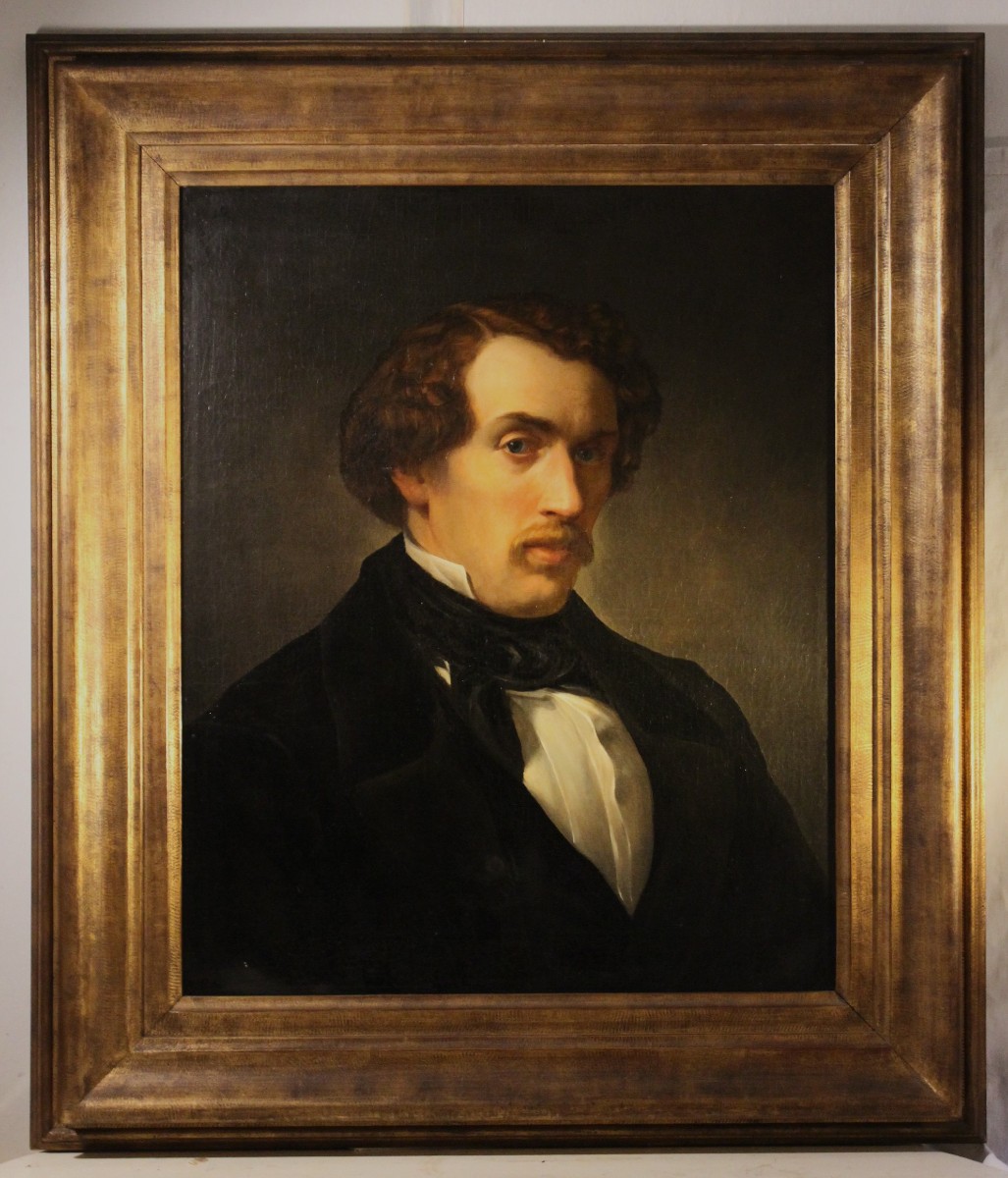 Ritratto d'uomo con baffi dipinto olio su tela XIX sec.  