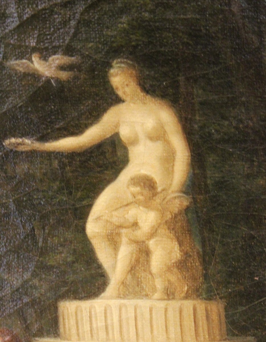 Scuola Francese, "Omaggio a Venere e Cupido in un paesaggio arcadico" olio su tela.-photo-2