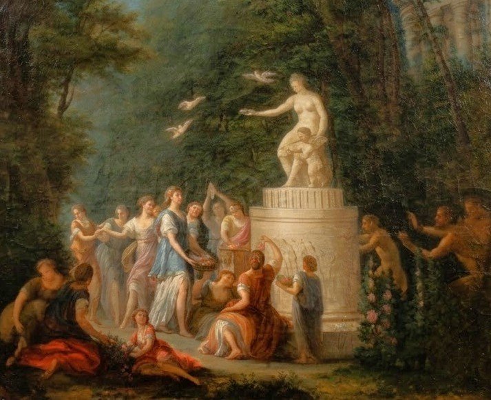 Scuola Francese, "Omaggio a Venere e Cupido in un paesaggio arcadico" olio su tela.-photo-4