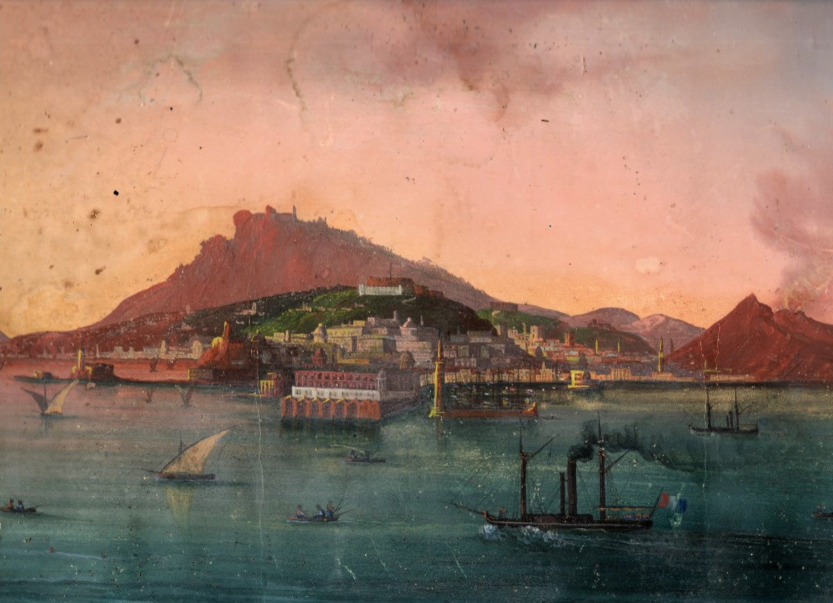  "Il golfo di Napoli varcato dal piroscafo Real Ferdinando I°", tempera su carta.-photo-3