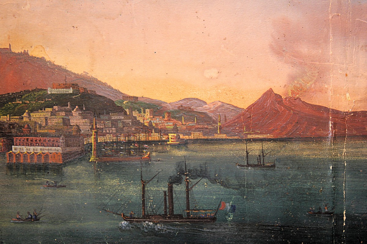  "Il golfo di Napoli varcato dal piroscafo Real Ferdinando I°", tempera su carta.