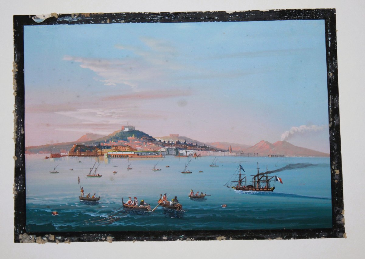 "Vedute di Napoli" coppia di tempere su carta.-photo-2