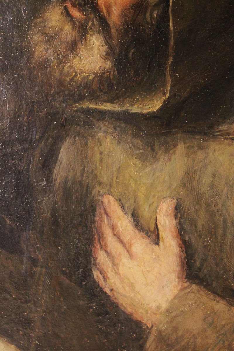 San Francesco in meditazione (o Eremita), dipinto a olio su tela, XVII secolo (Area Emiliana)-photo-2