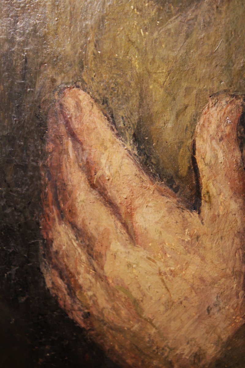 San Francesco in meditazione (o Eremita), dipinto a olio su tela, XVII secolo (Area Emiliana)-photo-2