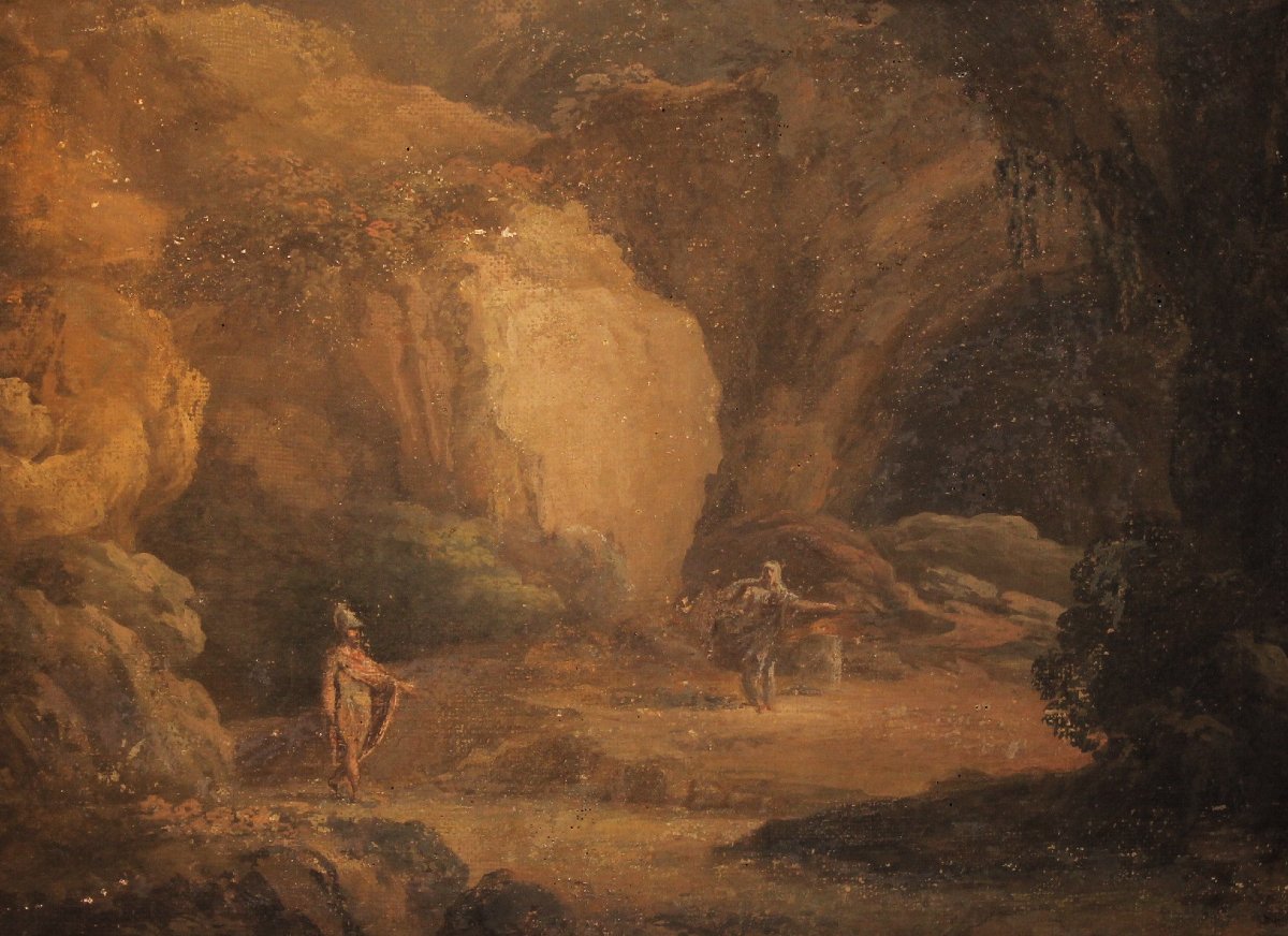 Enea e la Sibilla Cumana, ambito bolognese, primo Ottocento, dipinto tempera su tela. 