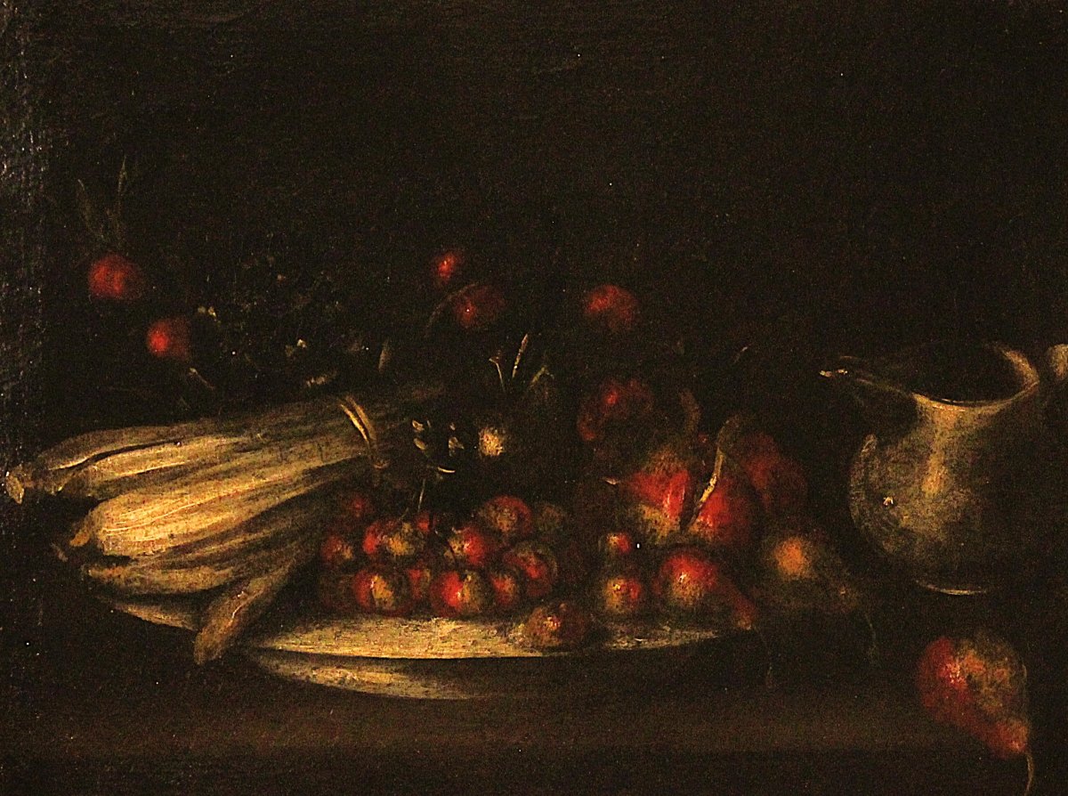 Coppia di Nature morte con frutti e vasellame | scuola italiana XVII sec. olio su tela-photo-2