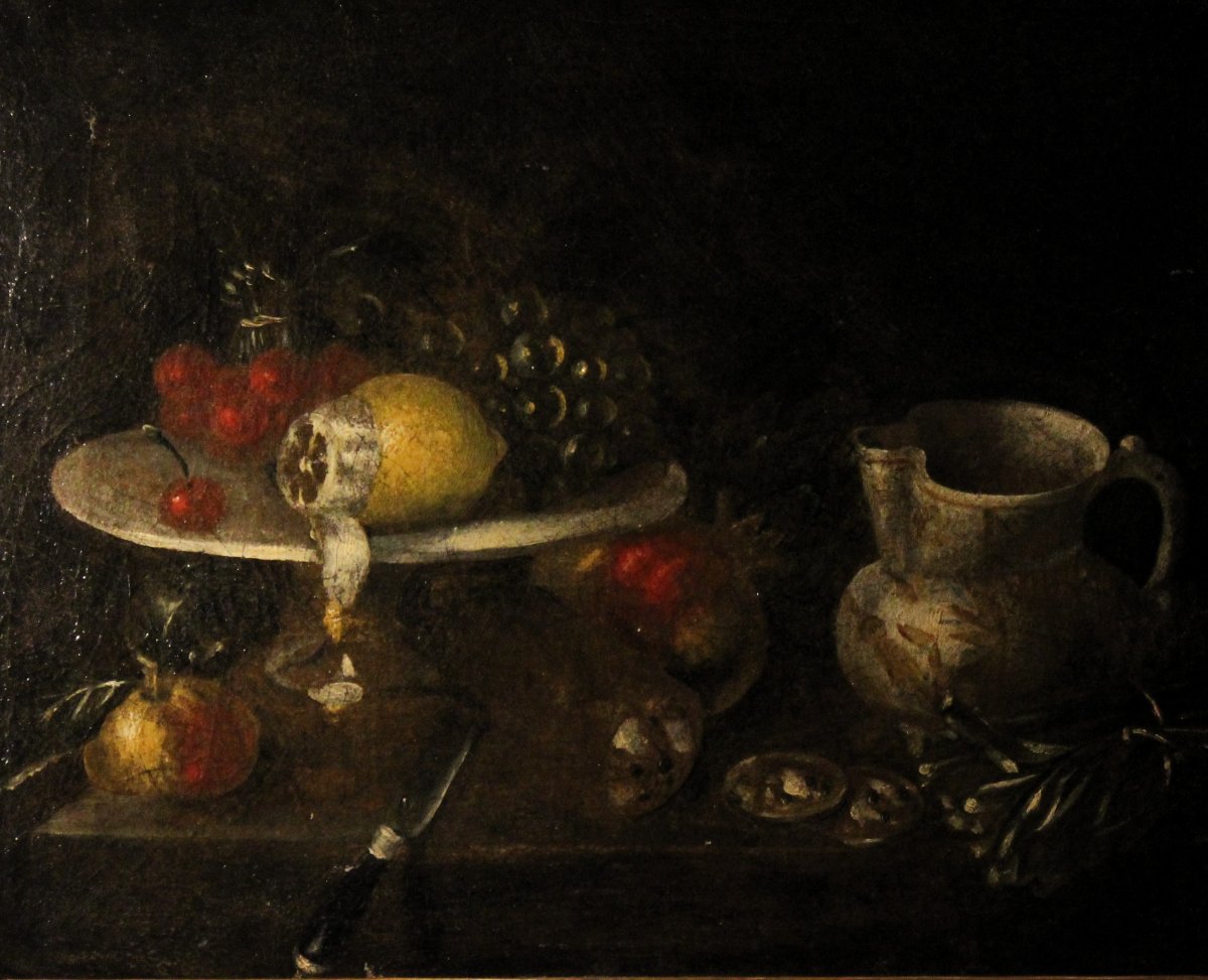Coppia di Nature morte con frutti e vasellame | scuola italiana XVII sec. olio su tela-photo-3