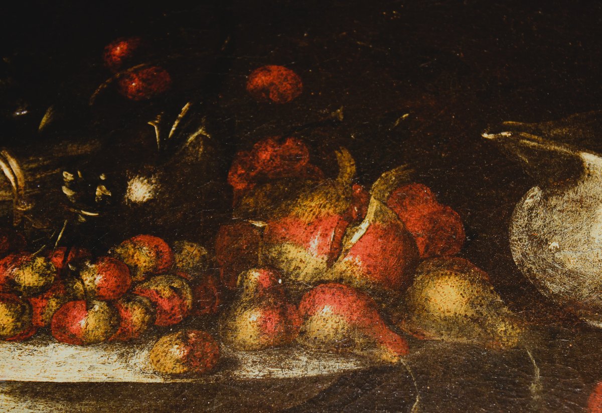 Coppia di Nature morte con frutti e vasellame | scuola italiana XVII sec. olio su tela-photo-1