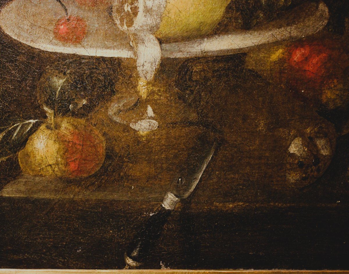 Coppia di Nature morte con frutti e vasellame | scuola italiana XVII sec. olio su tela-photo-2