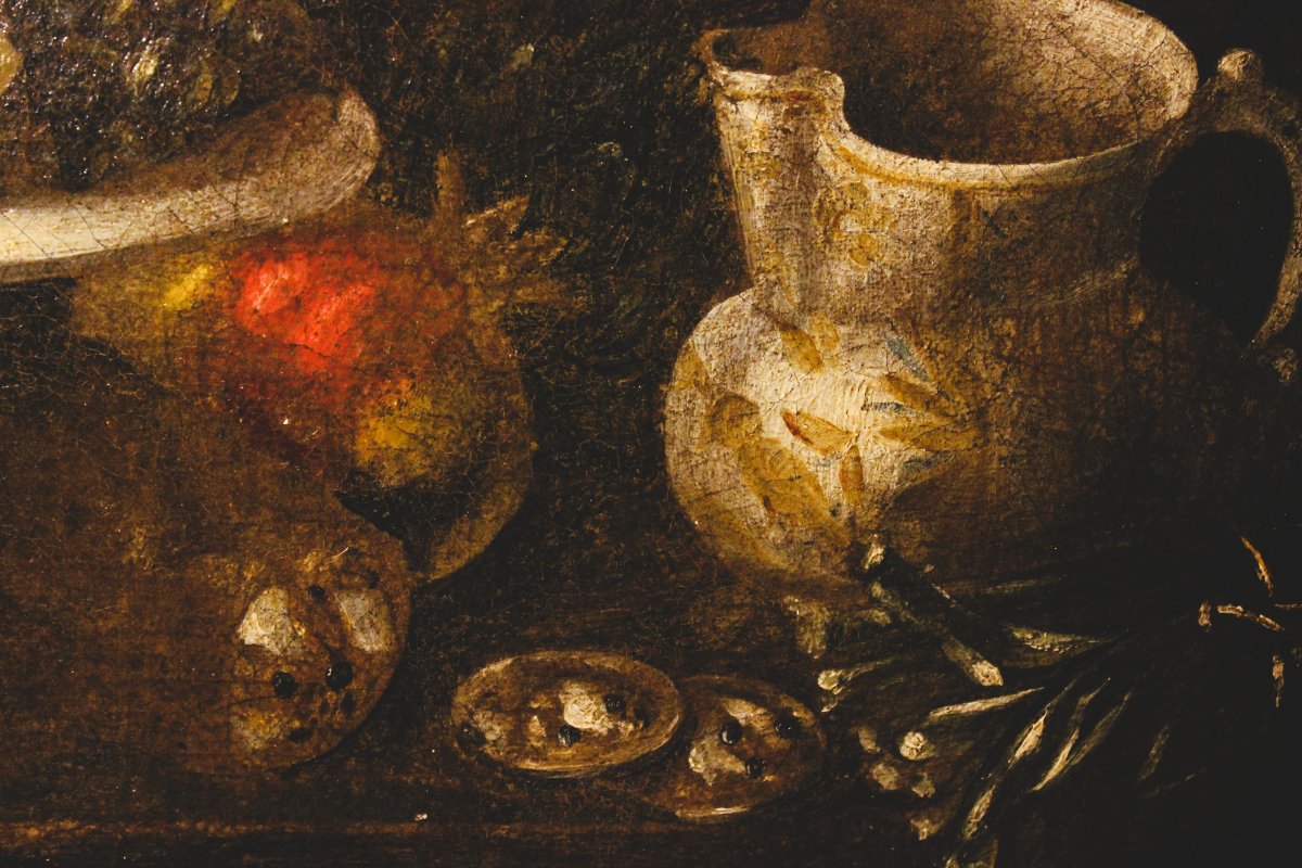 Coppia di Nature morte con frutti e vasellame | scuola italiana XVII sec. olio su tela-photo-3