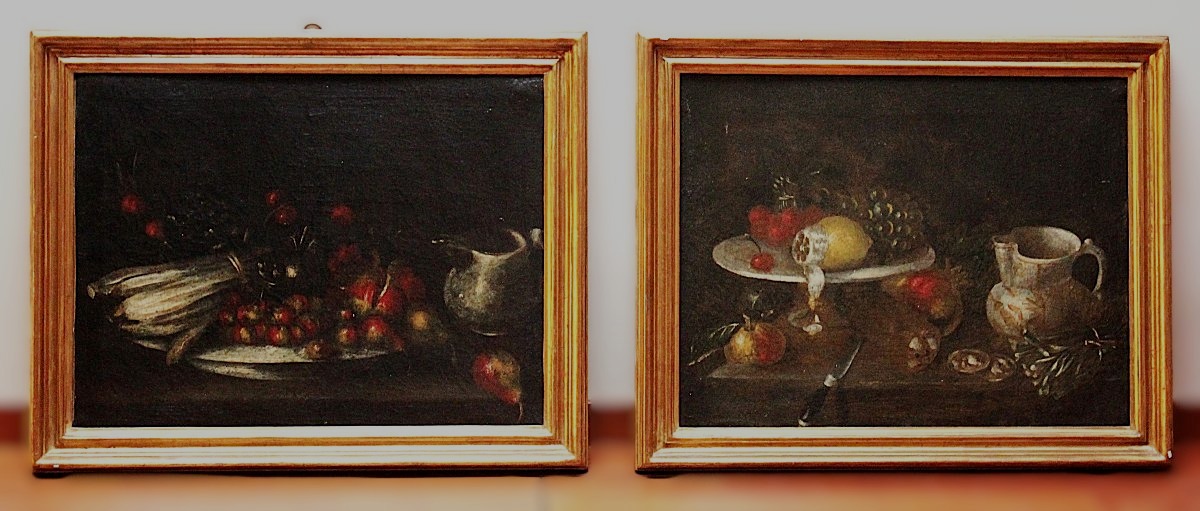 Coppia di Nature morte con frutti e vasellame | scuola italiana XVII sec. olio su tela