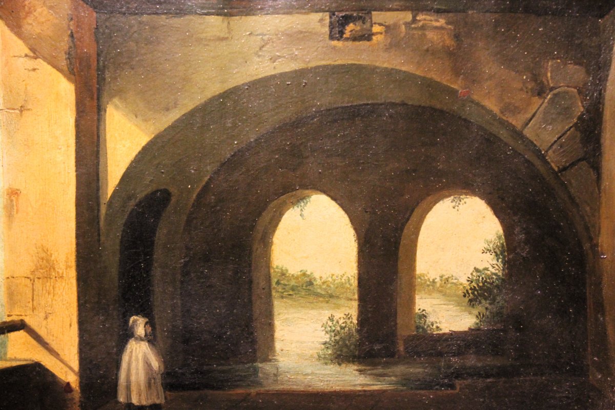 Frate tra gli archi | Dipinto olio su cartone databile nella prima metà del XIX secolo-photo-4