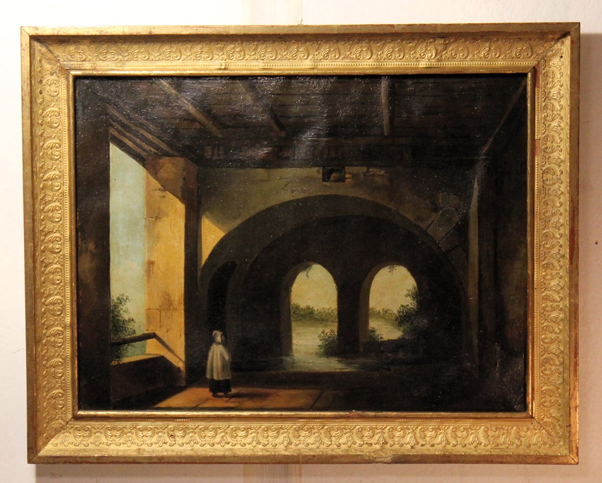 Frate tra gli archi | Dipinto olio su cartone databile nella prima metà del XIX secolo