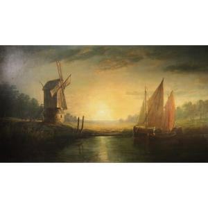Paesaggio olandese con barche, olio su tela 1871 cm 96x56
