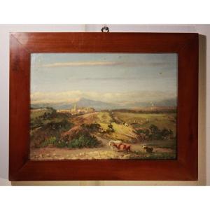 Paesaggio alpino olio su cartone XIXsec ( sul retro acquarello villa con giardino all'italiana)