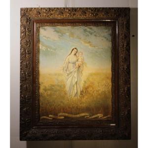 Madonna con Bambino protettrice del grano e dei pani iscrizione latina | Dipinto olio su tavola