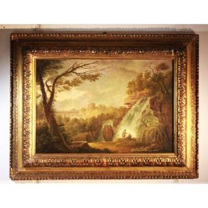 Anonimo del XIX sec. | Paesaggio con cascate - dipinto olio su tela. 