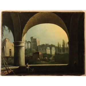 Anonimo del XIX sec. | Paesaggio con arcate e rovine - dipinto a olio