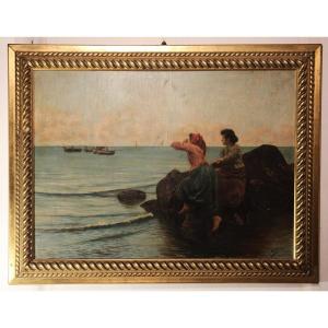 Giovan Battista Filosa | Ragazze sugli scogli dipinto olio su tavoletta.