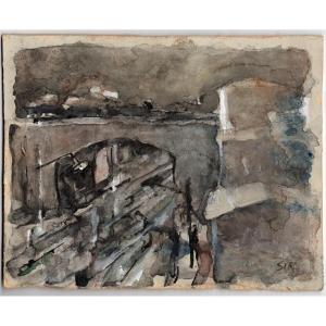 Mario Sironi (Sassari, 1885 – Milano 1961) “Periferia urbana- Il ponte ” tecnica mista su carto