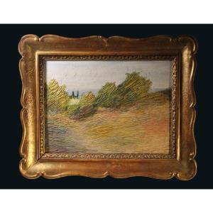 Dipinto divisionista "Paesaggio con campi" olio su cartone inizi XXsec.