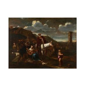  "Scena di riposo, paesaggio con cavalieri e  armenti " olio su tela. Post. P.F  Mola 