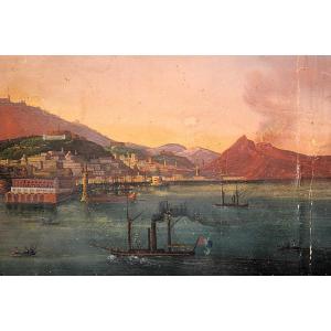  "Il golfo di Napoli varcato dal piroscafo Real Ferdinando I°", tempera su carta.