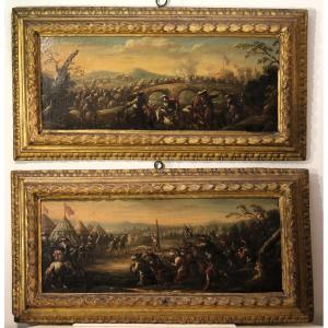 "Coppia di battaglie" olio su tela,  ambito di Ciccio Graziani (Roma/Napoli)