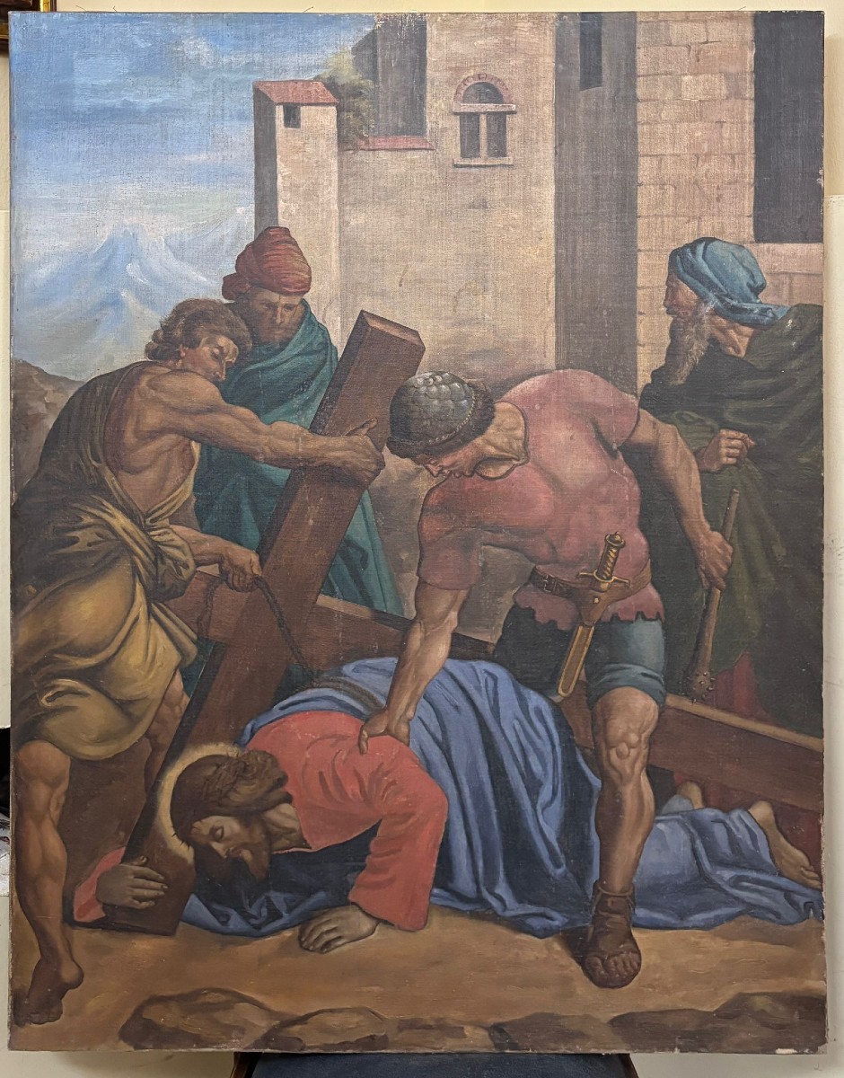 Olio su tella, Gesù cade con la Croce. 