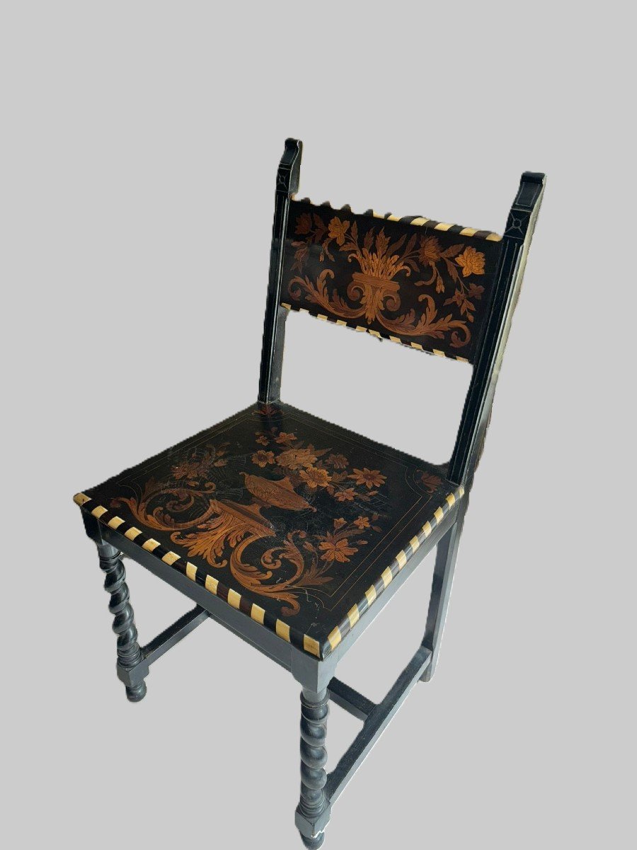Tavolo scrittoio da centro con sedia , stile Luigi XIV Francia, XIX° secolo Intarsi in legni vari, avori.-photo-1
