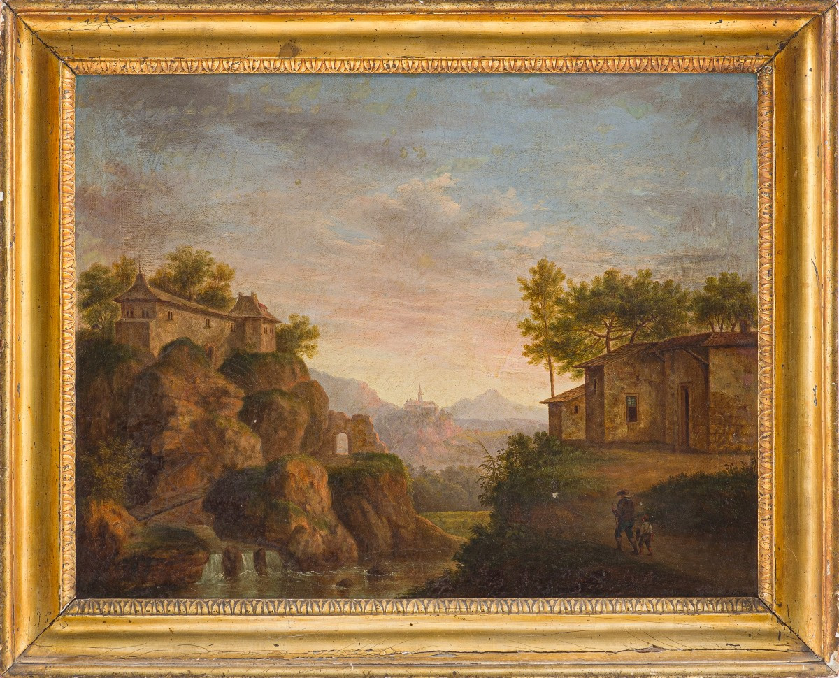 ANDREA SOTTILE  (Termini Imerese 1802 - Palermo 1856)  Paesaggio di montagna con viandanti 