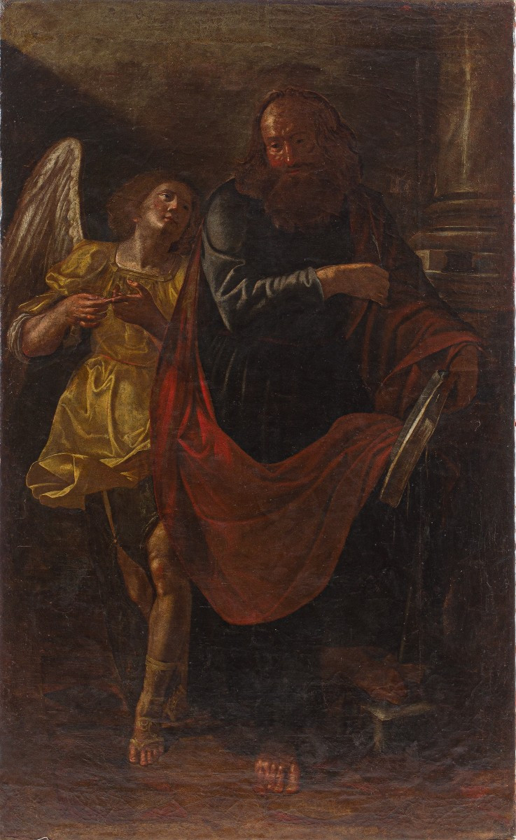Grande dipinto raffigurante  Tobiolo e l’angelo