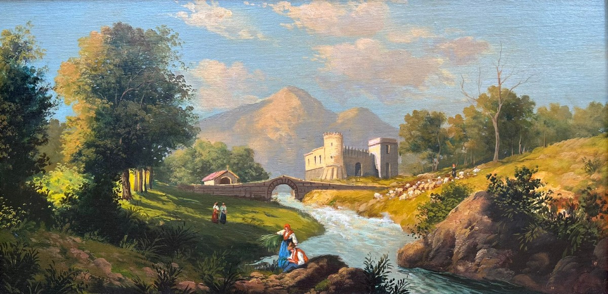 Paesaggio fluviale, olio su tavola, XX secolo.-photo-2