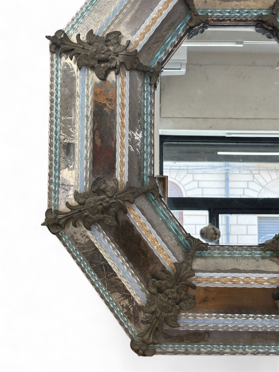 Grande Specchio veneziano ottagonale in vetro inciso e bronzo, inizi XX secolo-photo-4