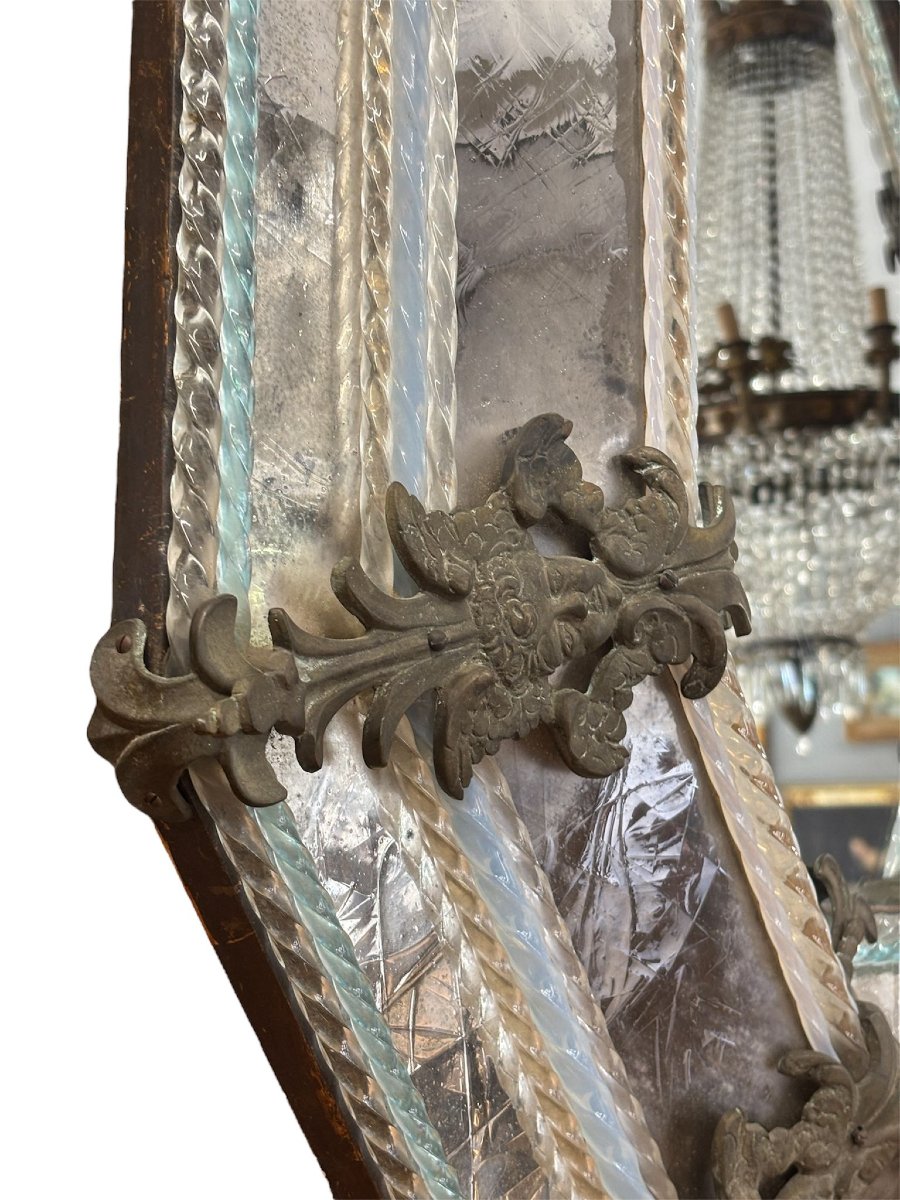 Grande Specchio veneziano ottagonale in vetro inciso e bronzo, inizi XX secolo-photo-3