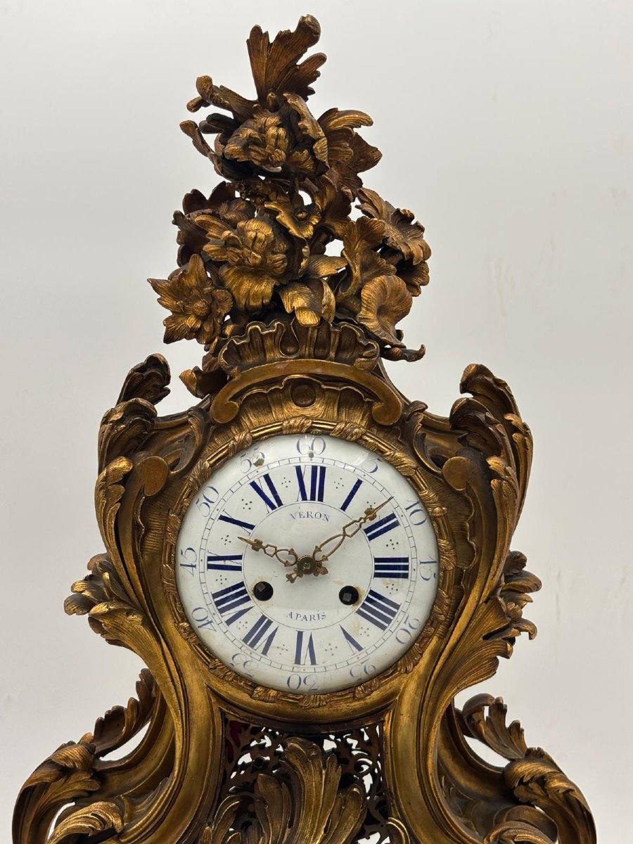 Orologio da camino in bronzo dorato, stile Rococò – Francia, XIX secolo-photo-2