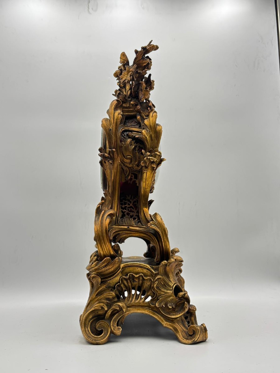 Orologio da camino in bronzo dorato, stile Rococò – Francia, XIX secolo-photo-3