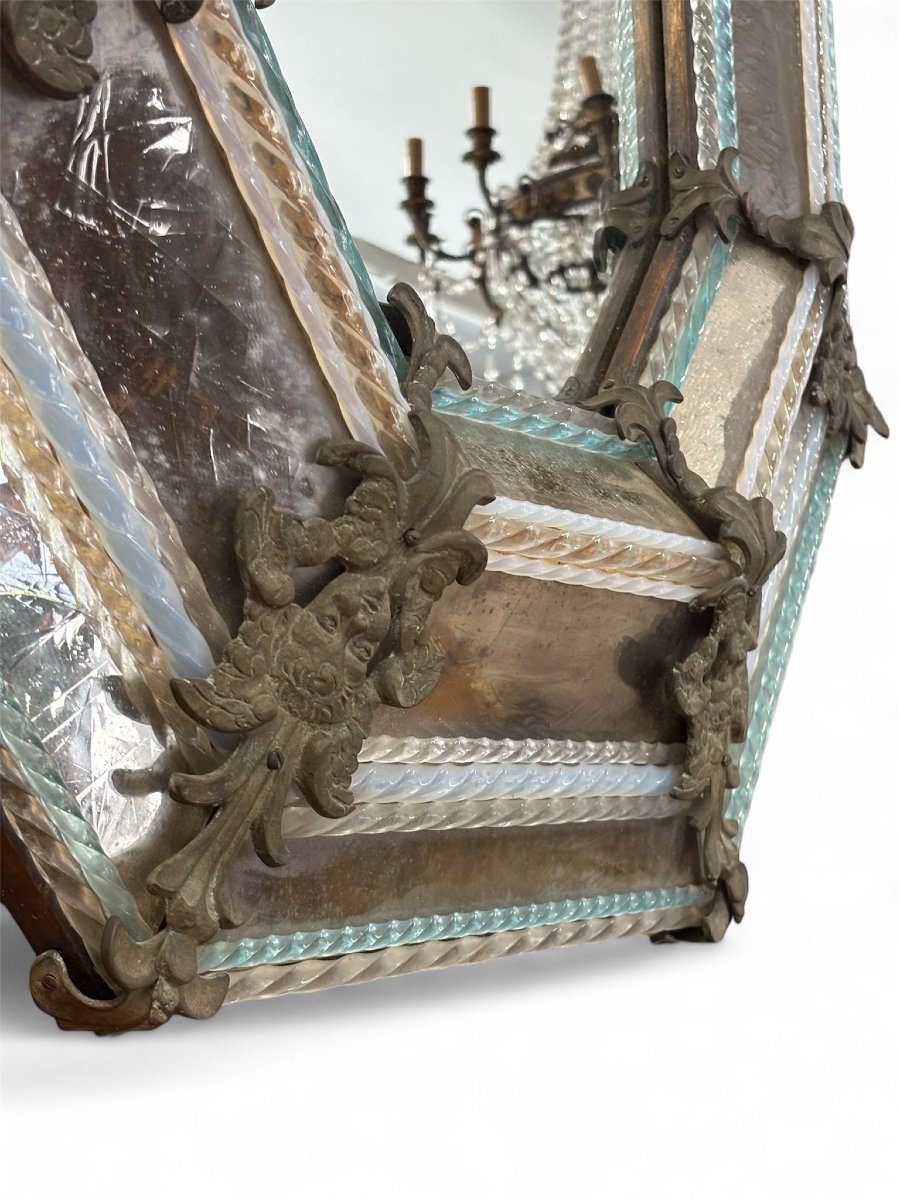 Grande Specchio veneziano ottagonale in vetro inciso e bronzo, inizi XX secolo-photo-2