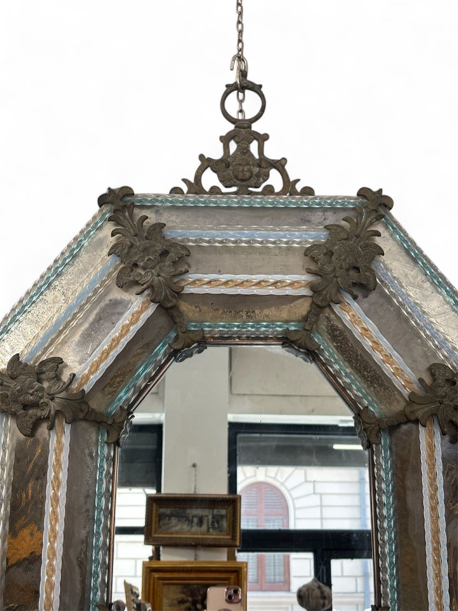 Grande Specchio veneziano ottagonale in vetro inciso e bronzo, inizi XX secolo-photo-3
