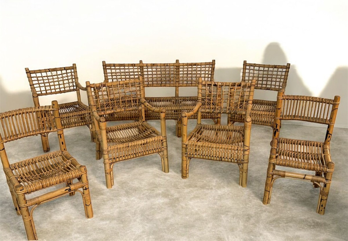 salotto in Bamboo e Rattan – Attribuito a Franco Albini per Bonacina, Italia Anni ’50–’60 – 7 P