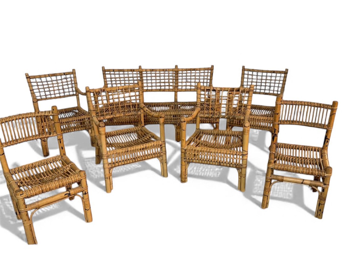 salotto in Bamboo e Rattan – Attribuito a Franco Albini per Bonacina, Italia Anni ’50–’60 – 7 P