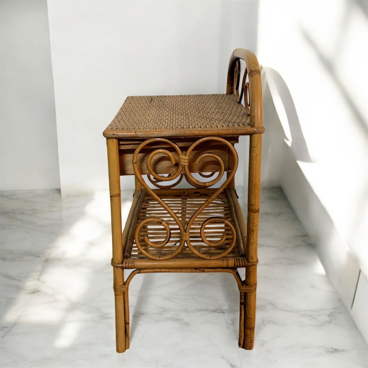 Coppia di comodini in bambù e rattan intrecciato – Italia, anni 1950-photo-3