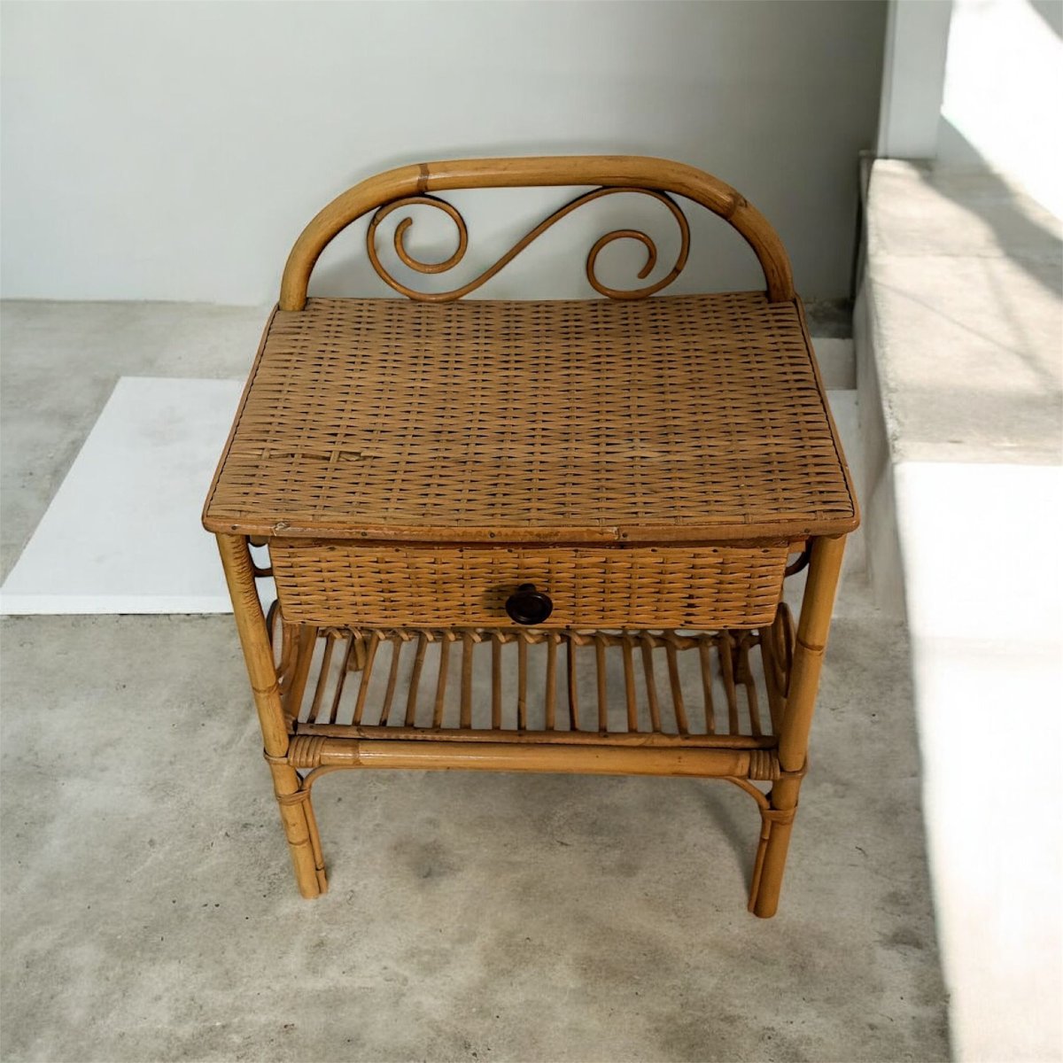 Coppia di comodini in bambù e rattan intrecciato – Italia, anni 1950-photo-4