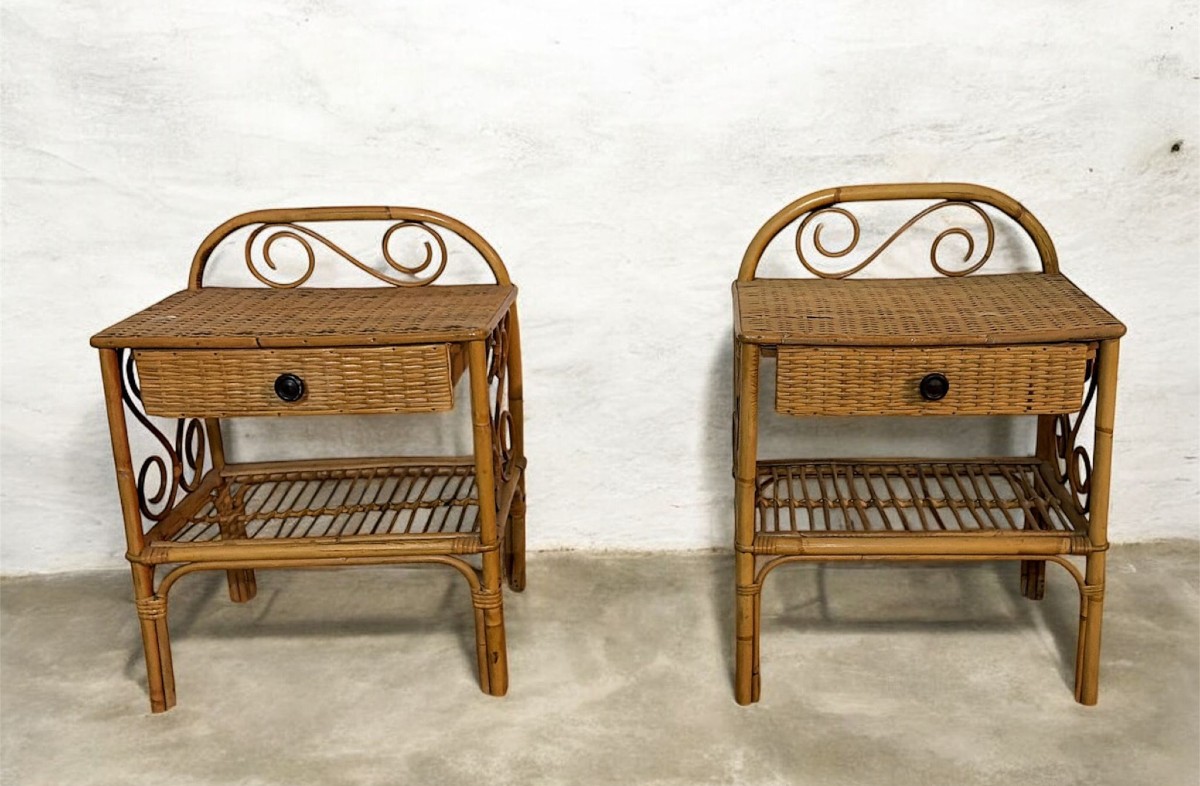 Coppia di comodini in bambù e rattan intrecciato – Italia, anni 1950
