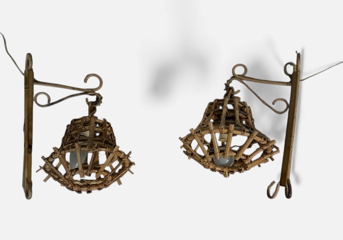 Coppia di Applique in rattan intrecciato, attribuito a Luis Sogno – Italia, anni ’50-photo-2